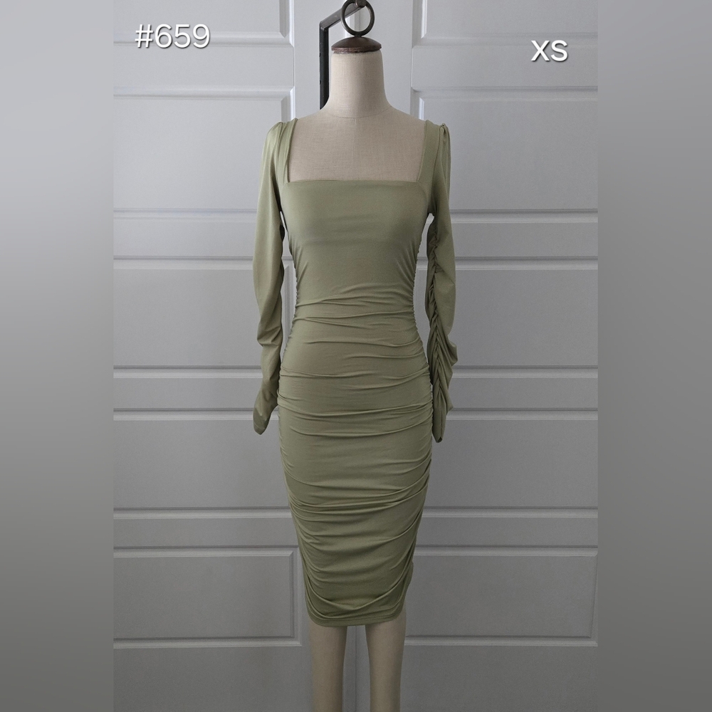 Olive Green Ruched Long Sleeve  Bodycon Midi Dress